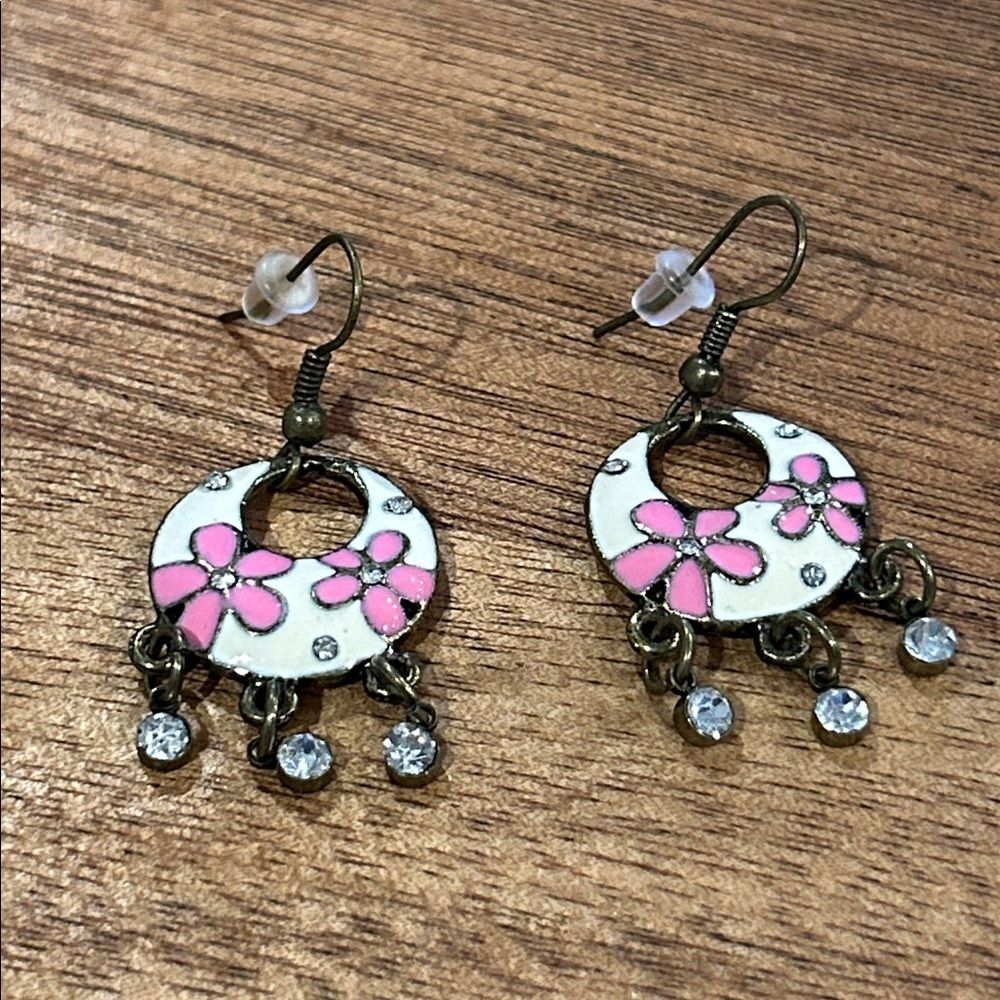 Floral Chandelier Earrings Pink and White Enamel Drop with Crystal Accents